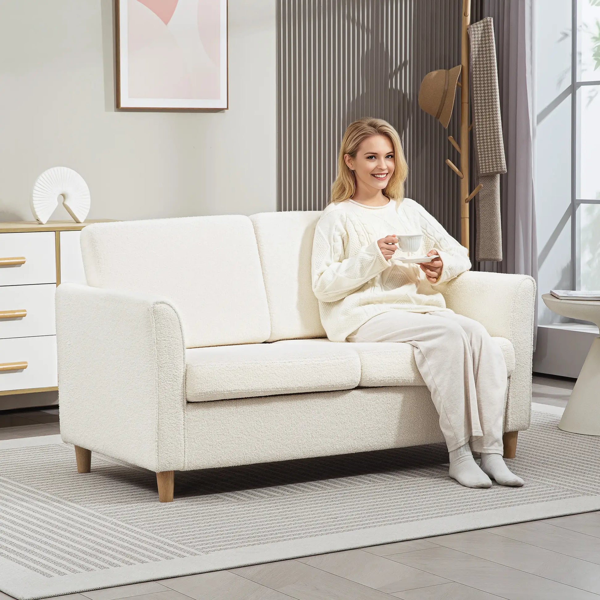 2-Seat Sofa with Armrests, Wood Legs, 2-Seater, Cream White 2-Seater Sofas at Gallery Canada