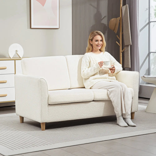 2-Seat Sofa with Armrests, Wood Legs, 2-Seater, Cream White