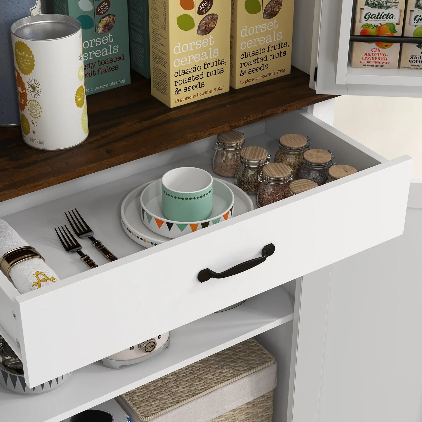 71" Tall Kitchen Cabinet, Farmhouse Pantry with Barn Doors, White Kitchen Pantry Cabinets at Gallery Canada