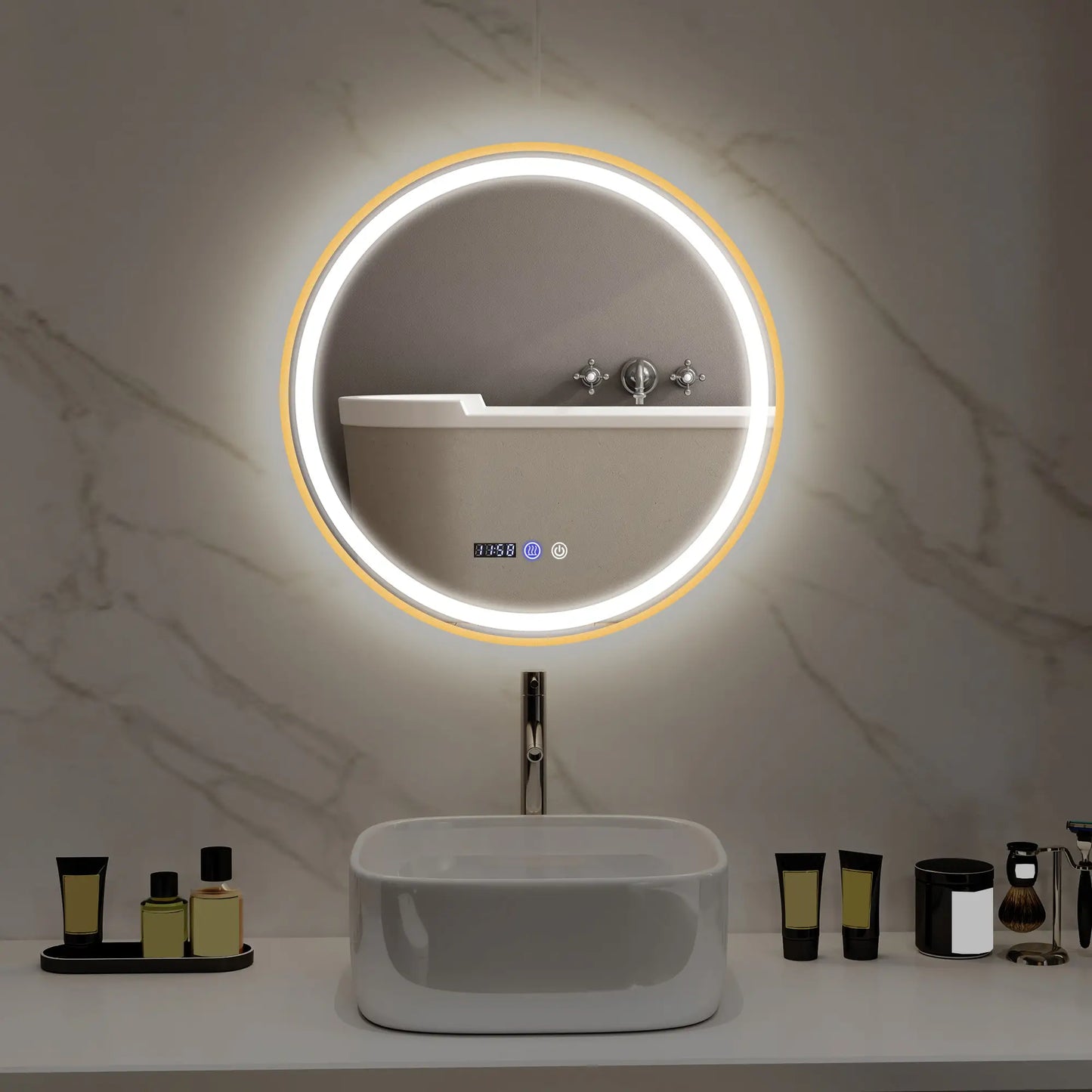 28" Round LED Bathroom Mirror, Anti-Fog, Time Temp Display, Gold Wall Mirrors at Gallery Canada