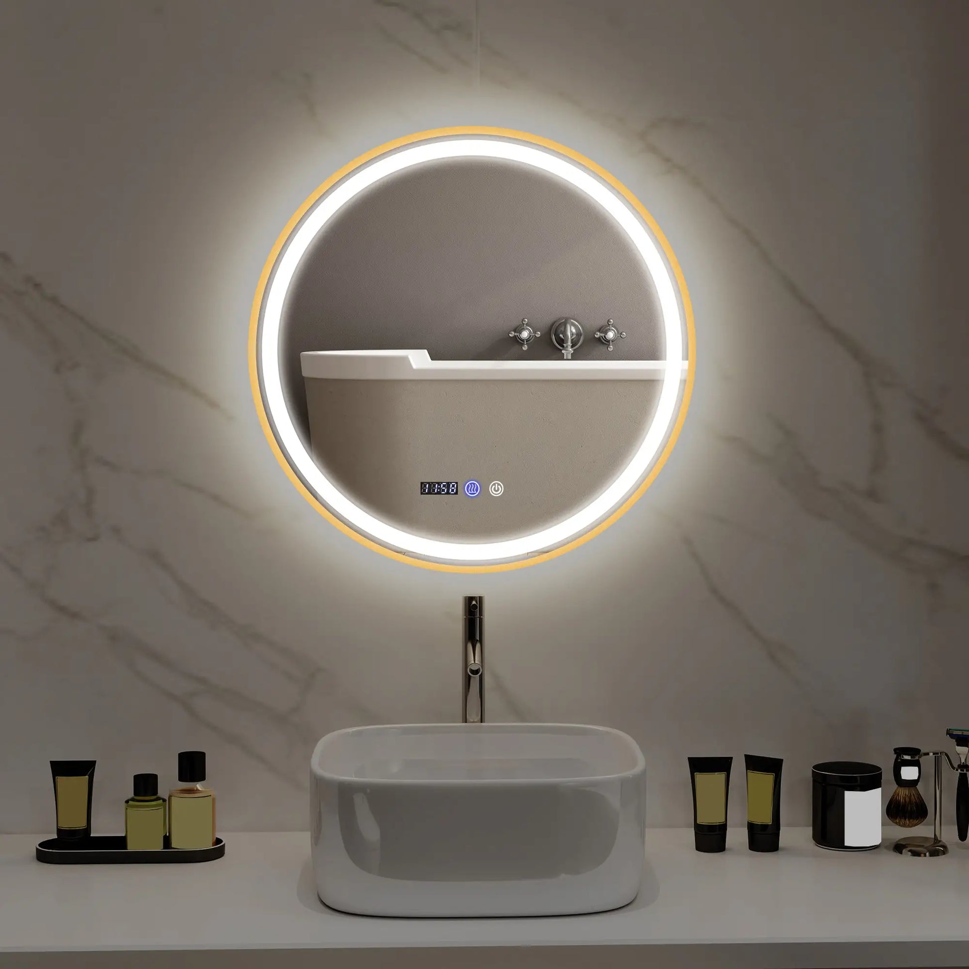 28" Round LED Bathroom Mirror, Anti-Fog, Time Temp Display, Gold Wall Mirrors at Gallery Canada