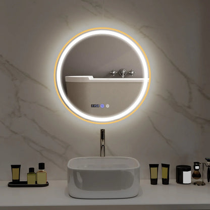 28" Round LED Bathroom Mirror, Anti-Fog, Time Temp Display, Gold Wall Mirrors at Gallery Canada