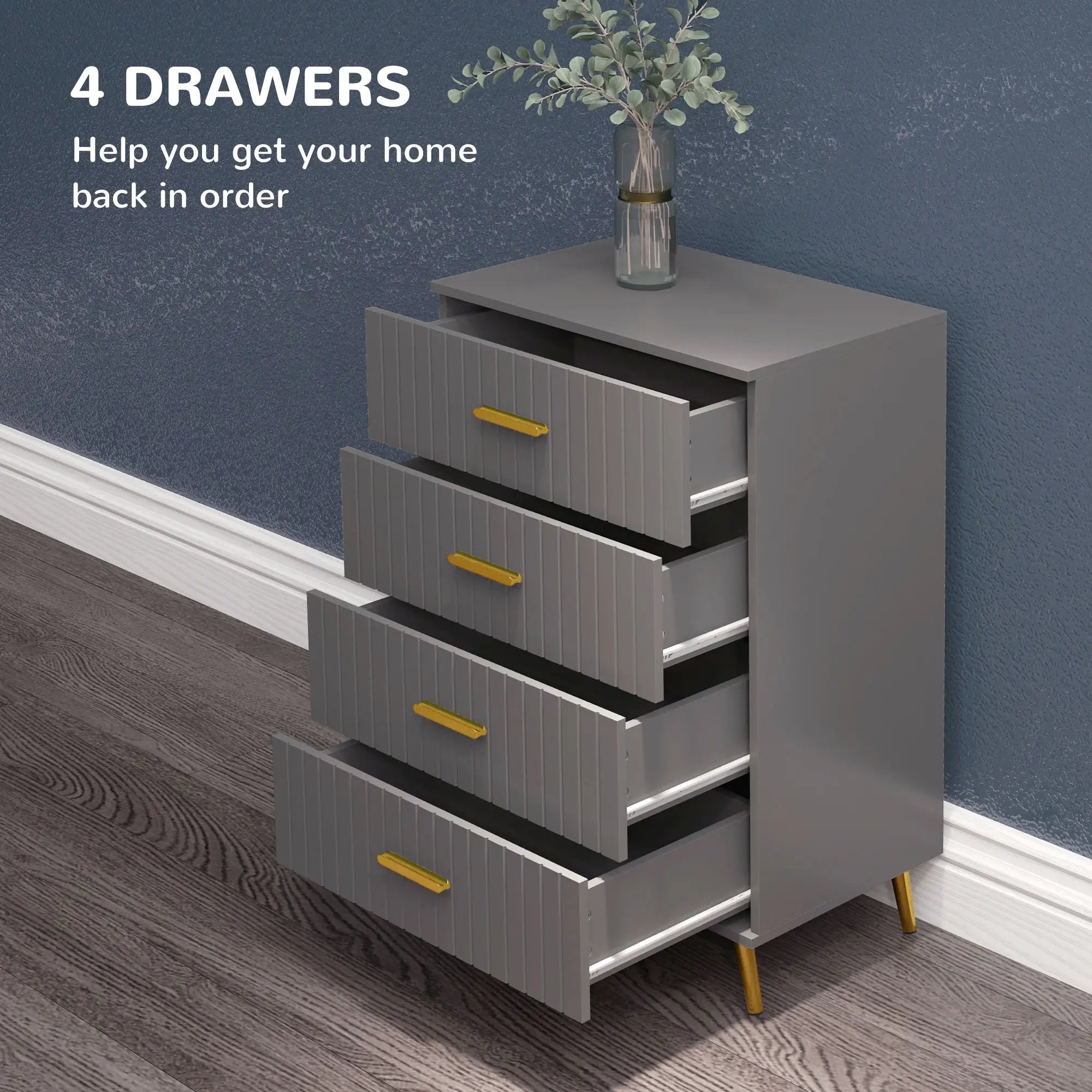 4 Drawer Cabinet, Bedroom Chest, Aluminium Legs, Gold Handles, Dark Grey Storage Cabinets at Gallery Canada