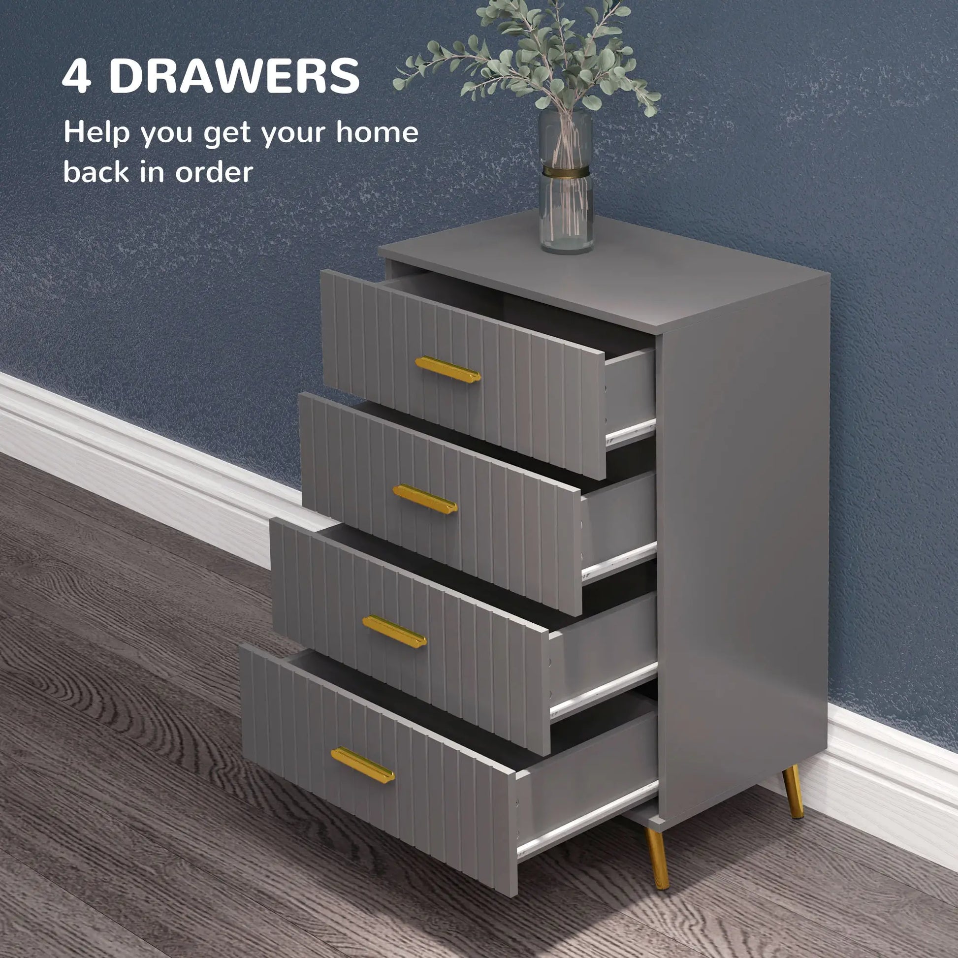 4 Drawer Cabinet, Bedroom Chest, Aluminium Legs, Gold Handles, Dark Grey Storage Cabinets at Gallery Canada