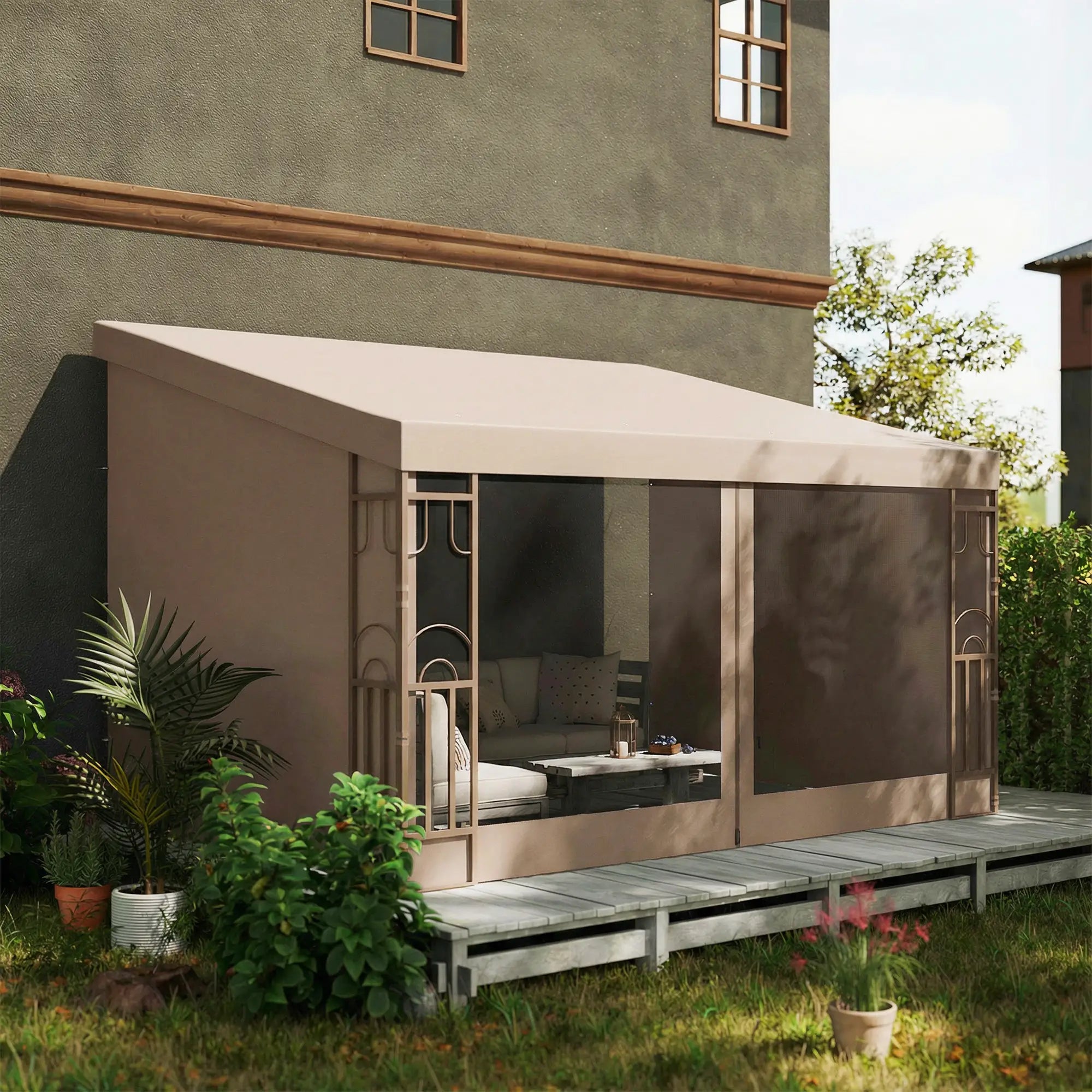 10' x 13' Wall Pergola, Outdoor Gazebo with Curtains, Nettings, Khaki Pergolas at Gallery Canada