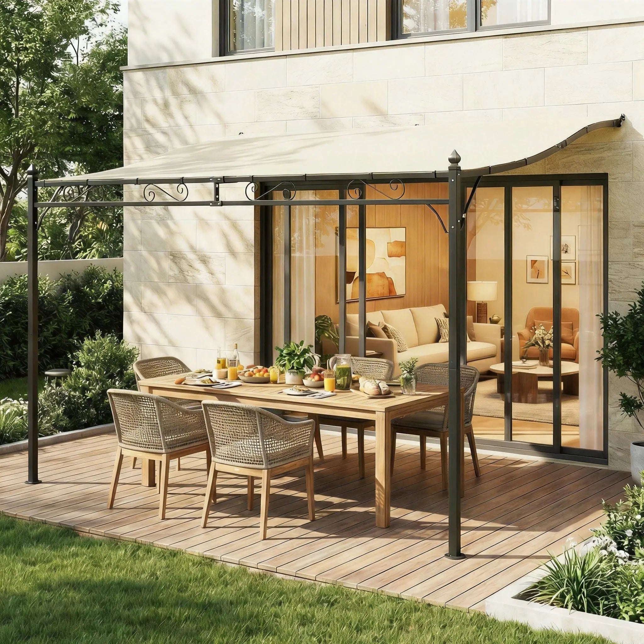 11.5' x 8.2' Outdoor Pergola, Wall Mounted Metal Frame, UPF30+ Garden Gazebo Pergolas at Gallery Canada