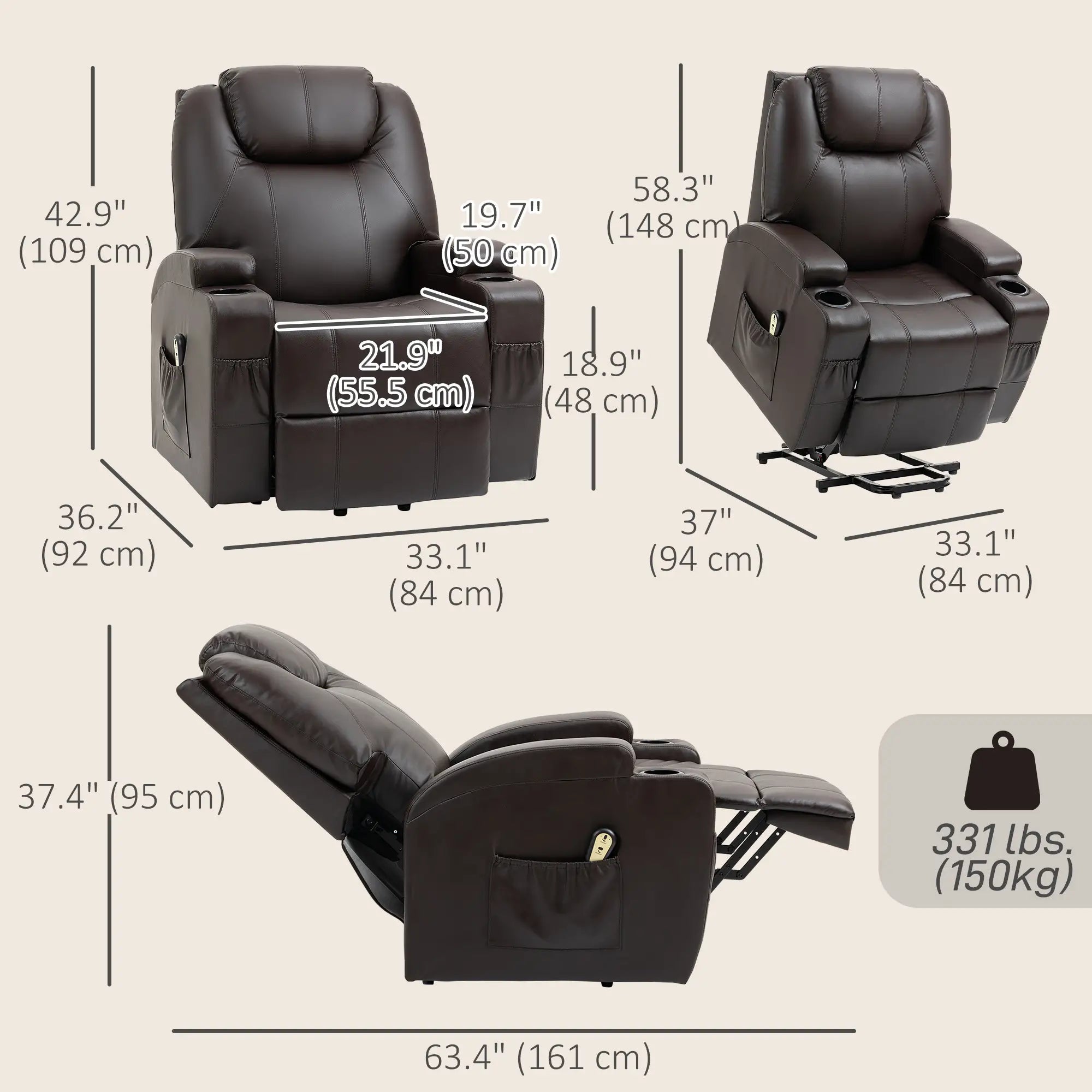 Power Lift Recliner Chair for Elderly, PU Leather, Brown Electric Power Lift Chairs at Gallery Canada