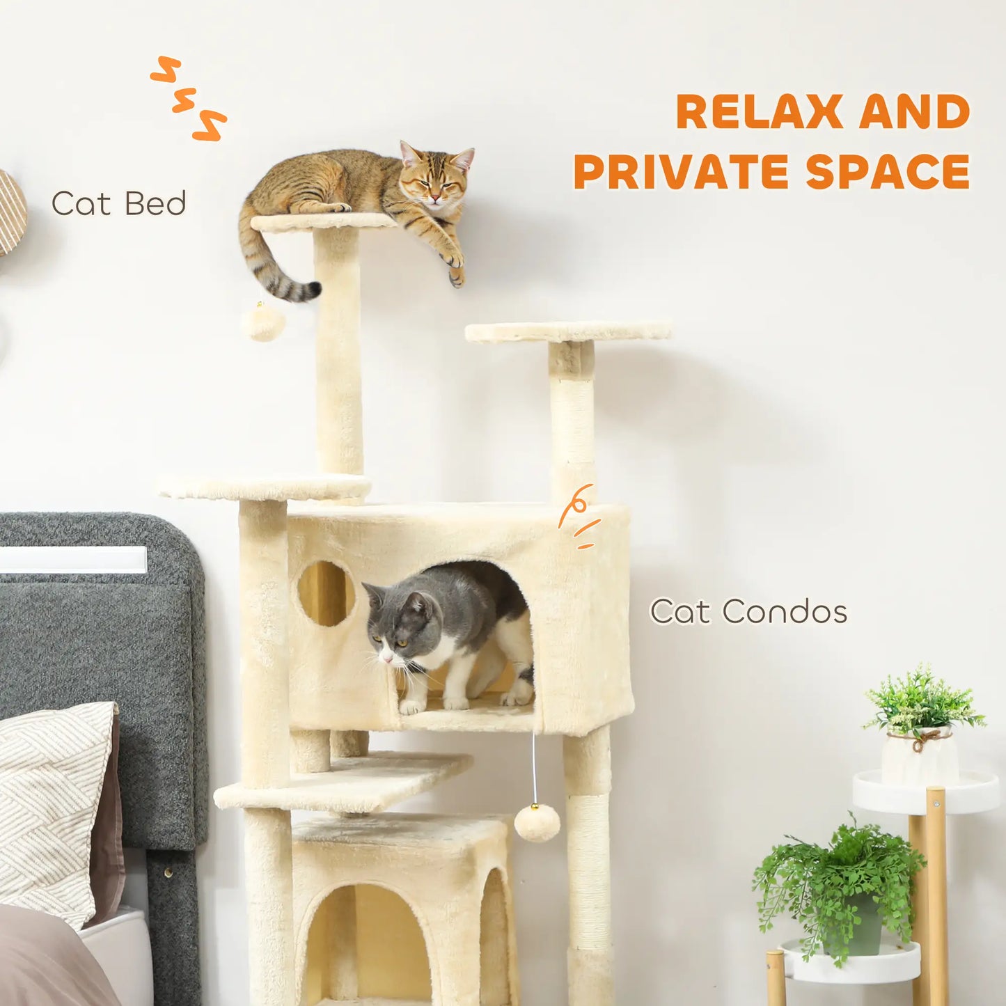 63" Cat Tree, Multi-Level Cat Tower With Scratching Posts, Bed, Cream White