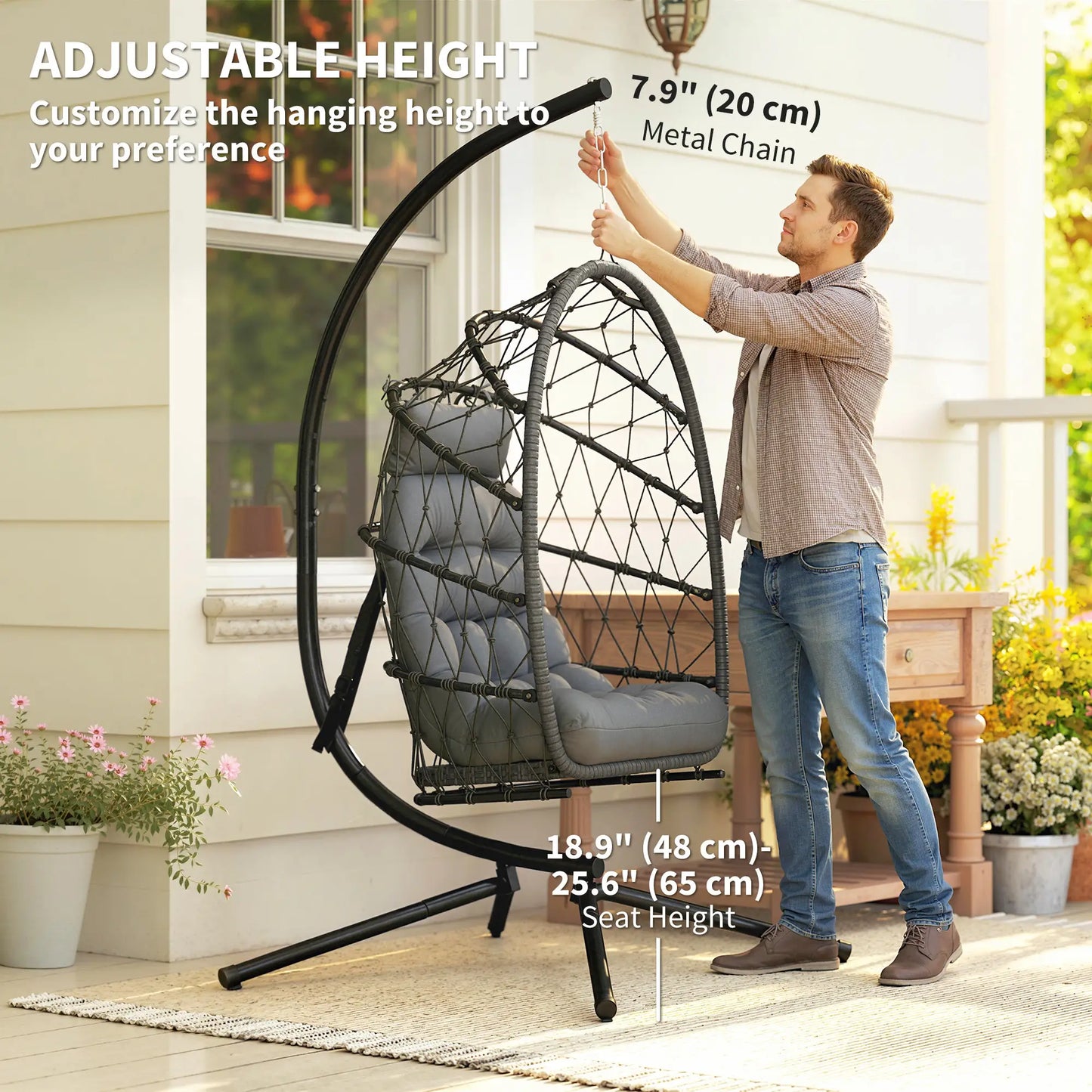 Chaise Œuf Suspendue, Balançoire en Rotin Tressé Pliable, Gris