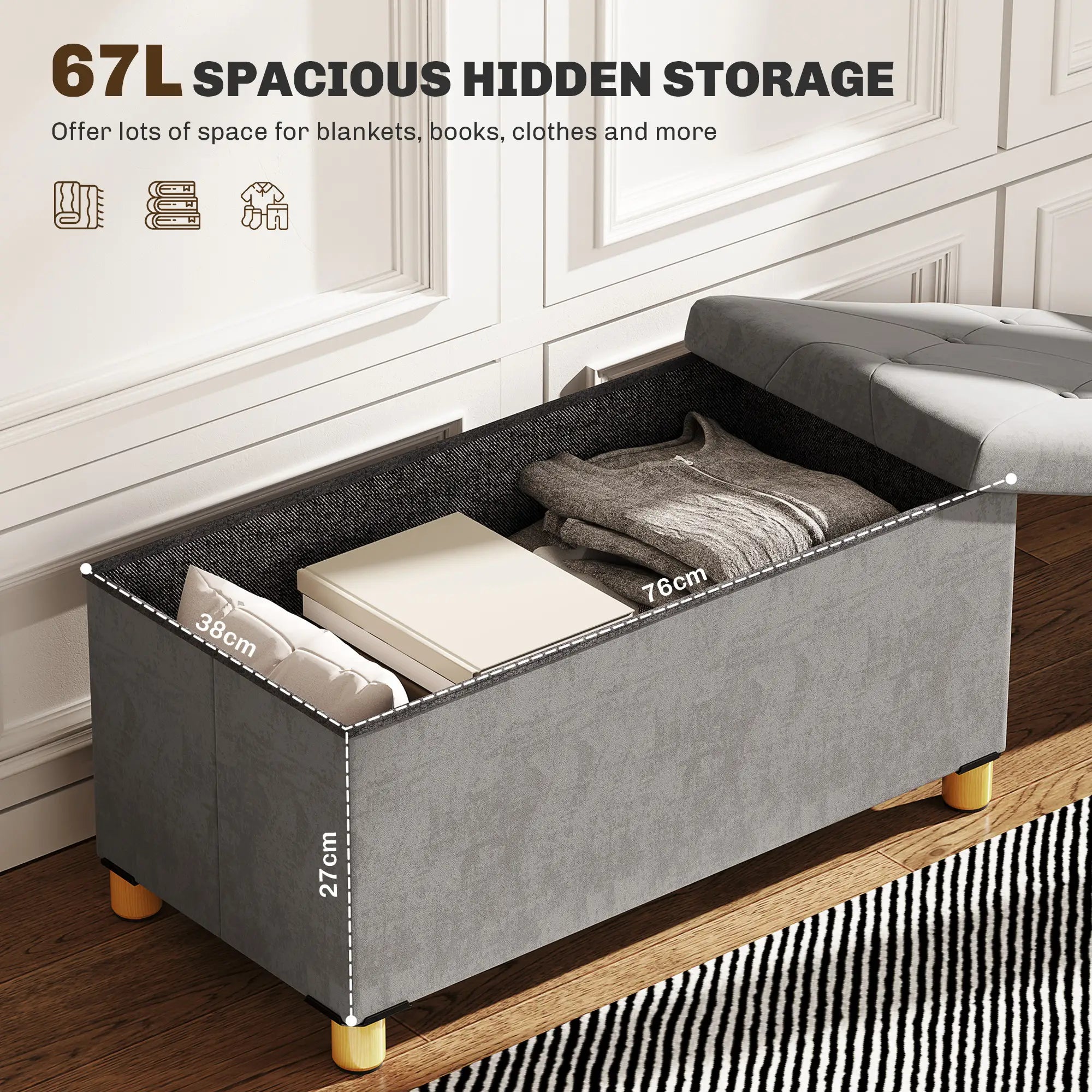 Storage Ottoman Bench, Velvet Upholstered Foldable Footrest, Wood Legs Storage Ottomans & Benches at Gallery Canada