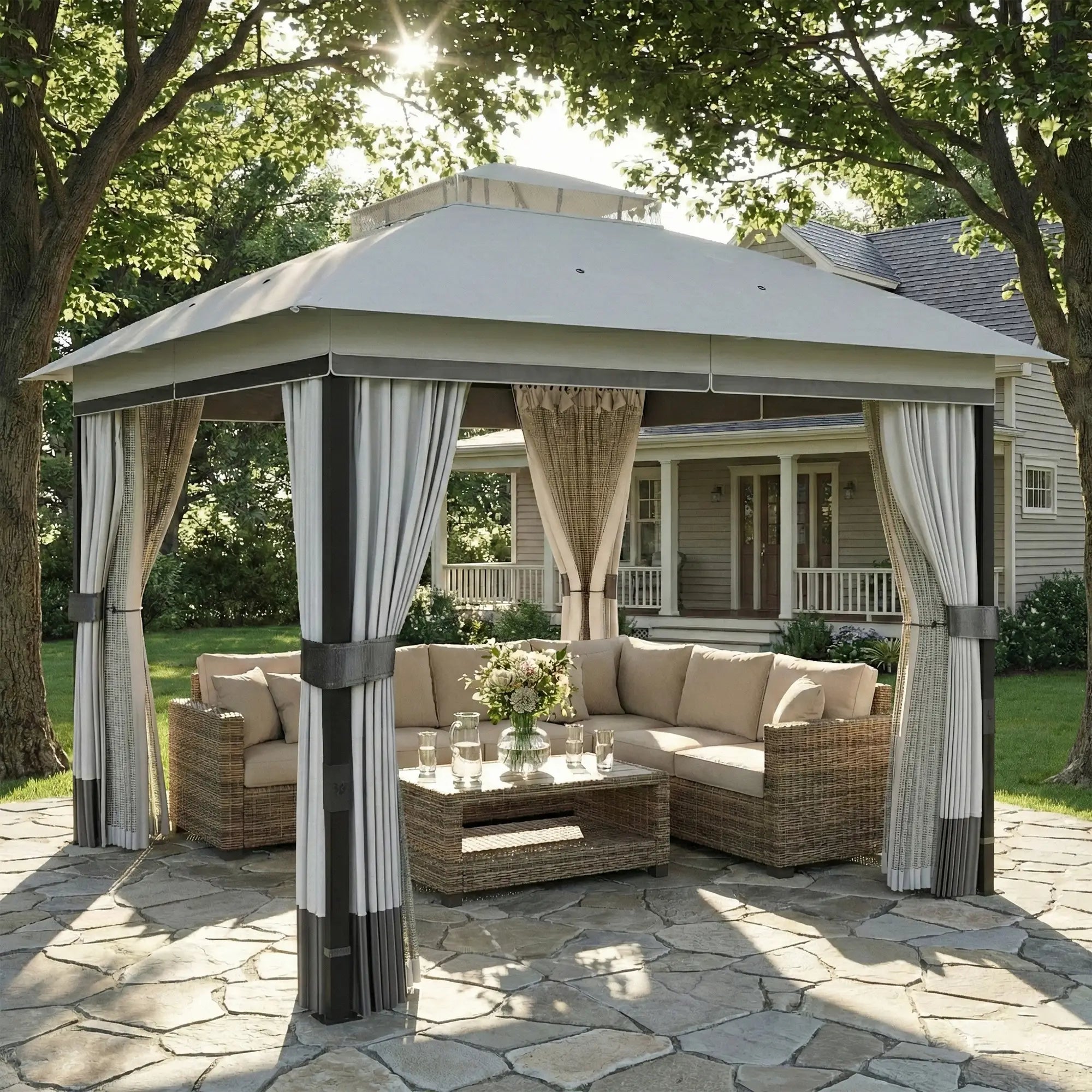 10' x 10' Light Grey Patio Gazebo, UPF50+ Double Roof With Netting, Light Grey Gazebos at Gallery Canada