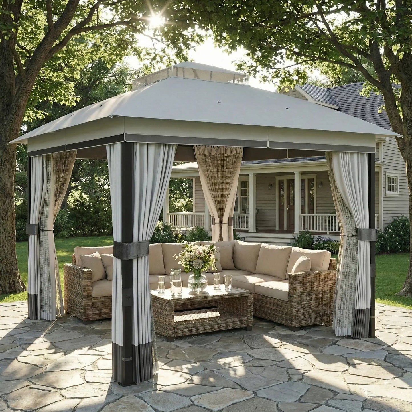 10' x 10' Light Grey Patio Gazebo, UPF50+ Double Roof With Netting, Light Grey Gazebos at Gallery Canada