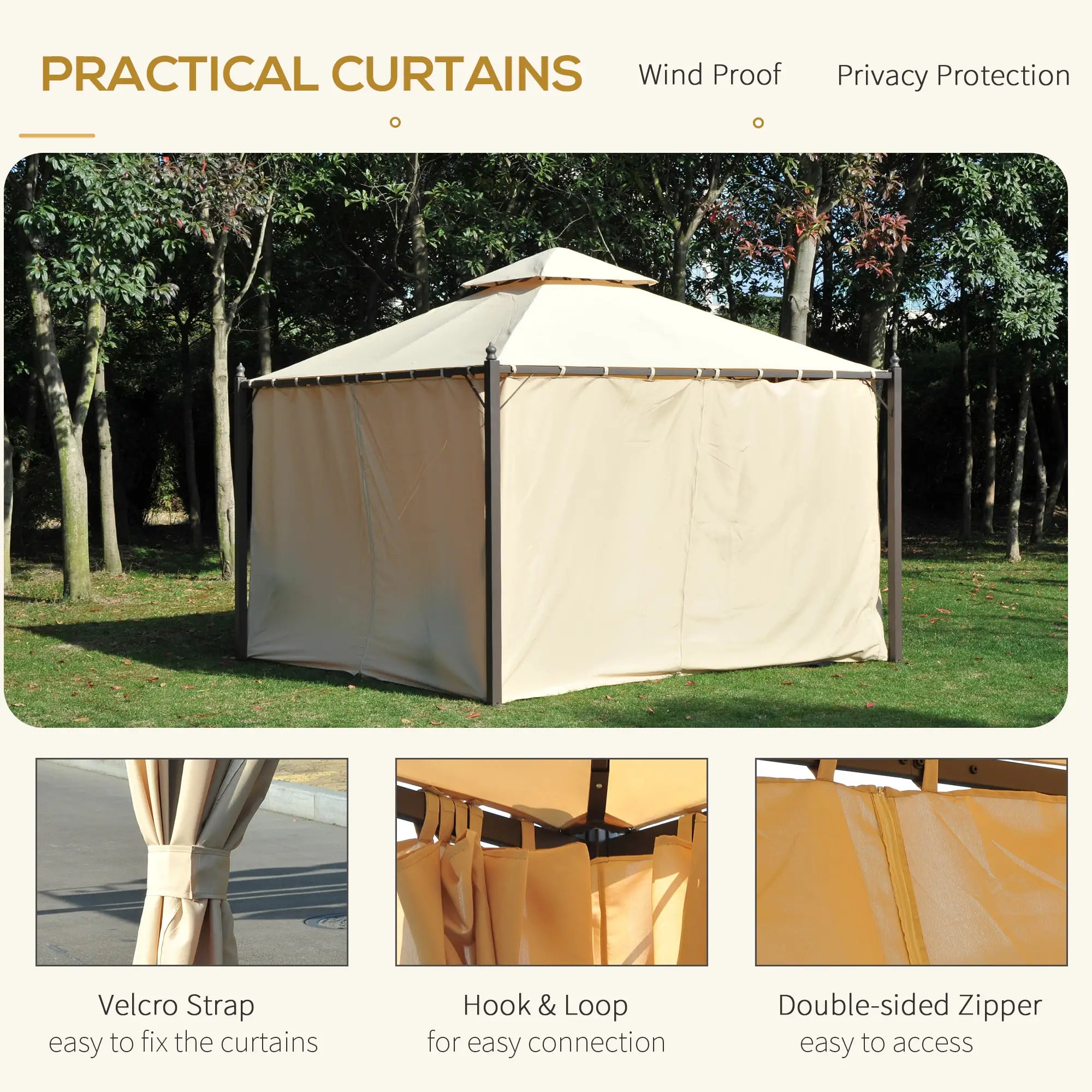 10x10ft Gazebo Canopy, Garden Shelter, Sun Shade with Curtains, Beige Gazebos at Gallery Canada