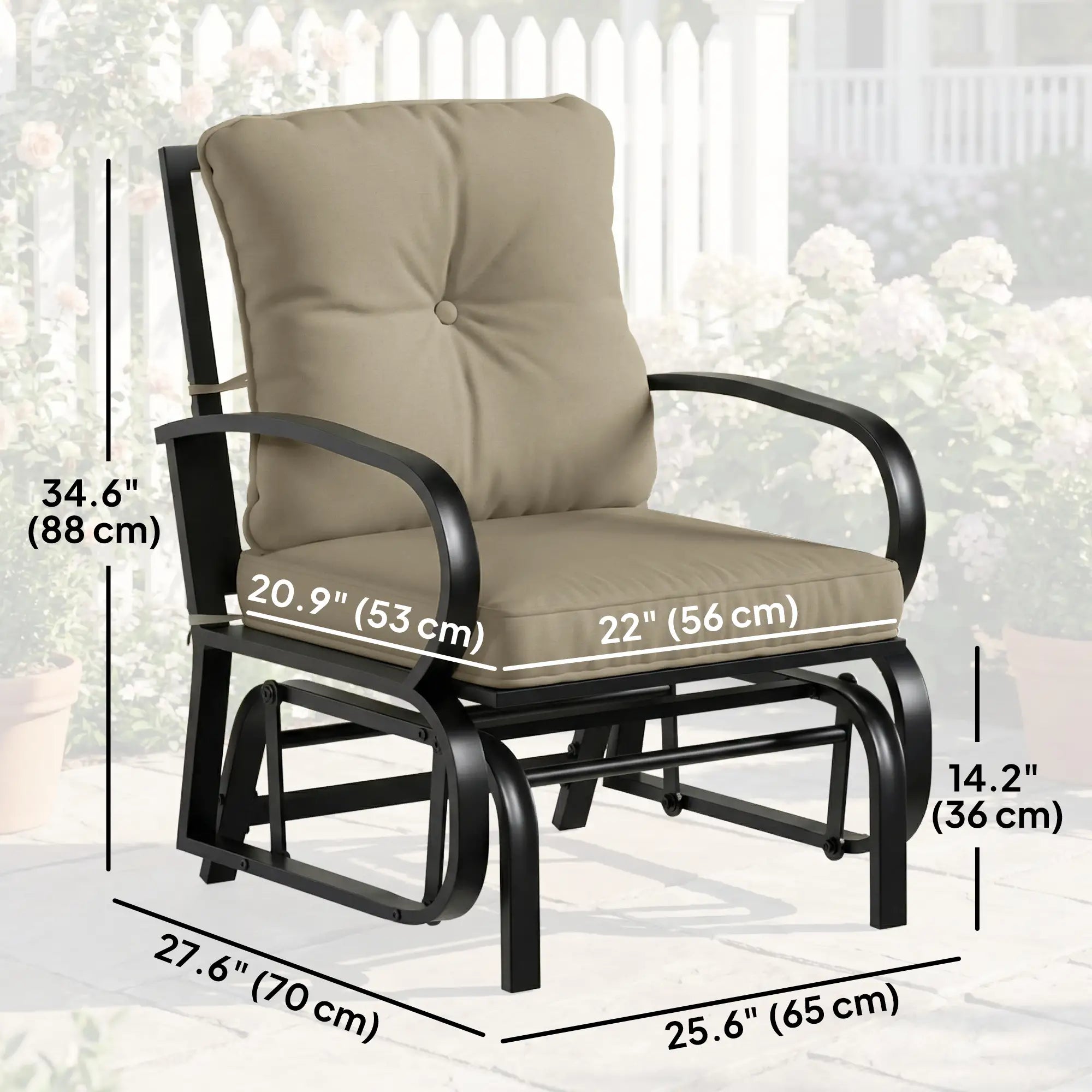 Patio Glider Chair With Cushions, Steel Frame, Curved Armrests, Beige Outdoor Gliders at Gallery Canada
