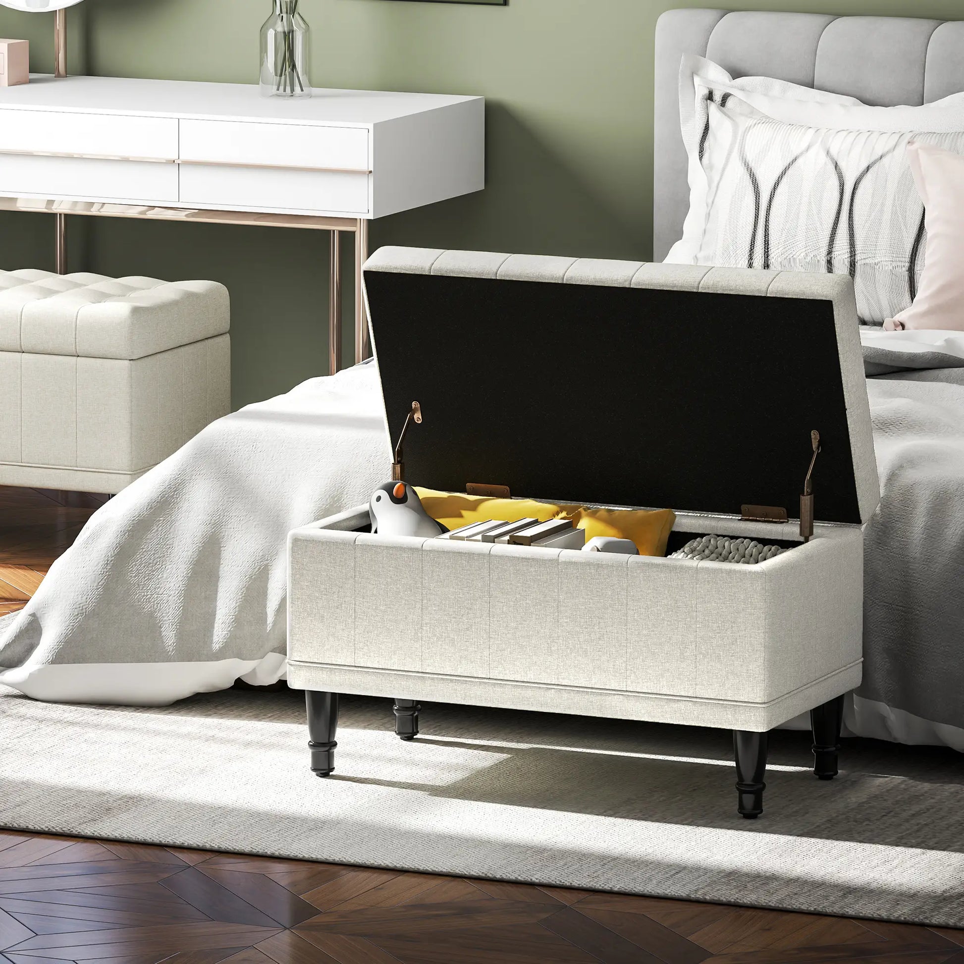 Linen Storage Ottoman, Button Tufted Bench for Bedroom, Beige Storage Ottomans & Benches at Gallery Canada