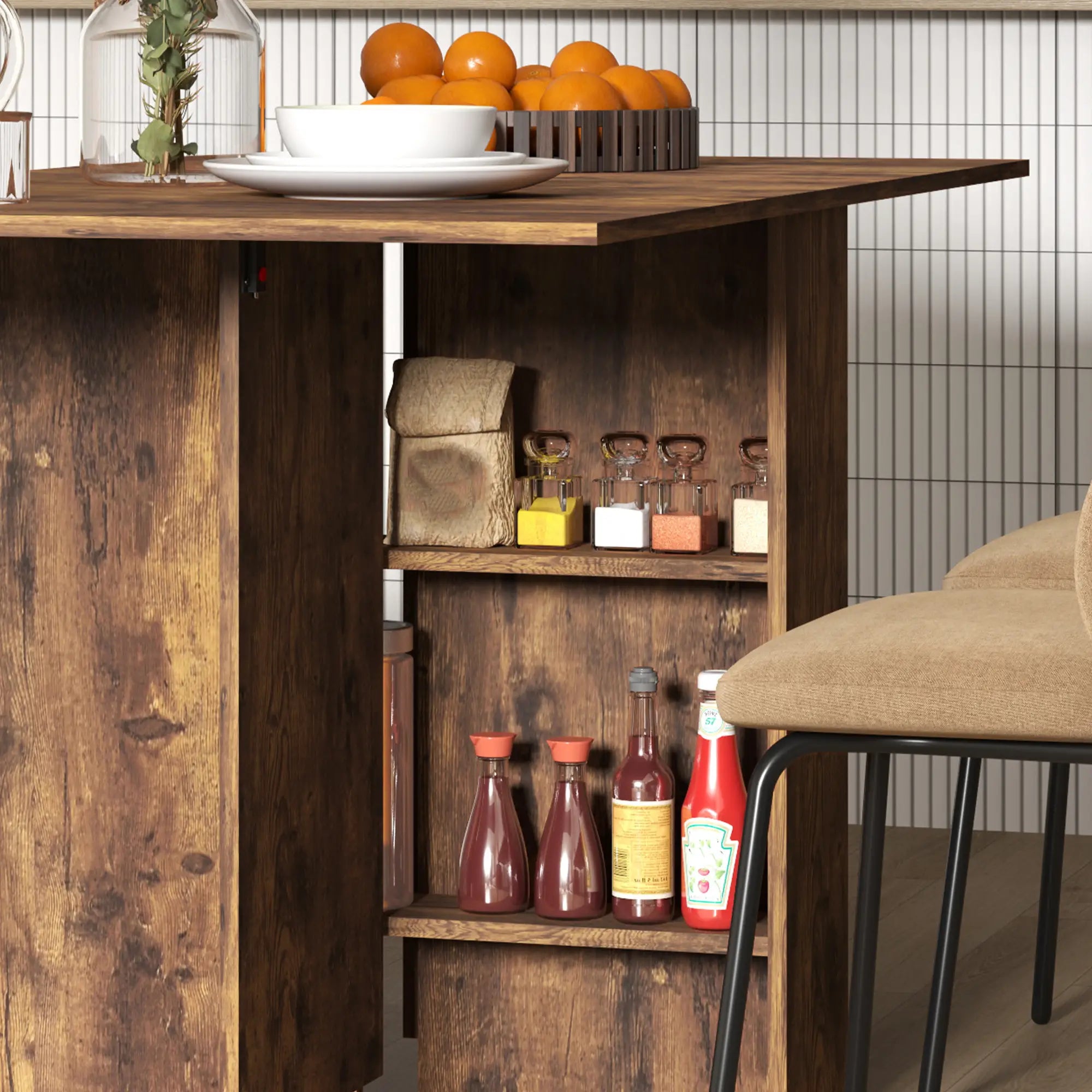 Extendable Dining Table, Collapsible w/ Shelves, Casters, Rustic Brown, Brown Dining Tables at Gallery Canada