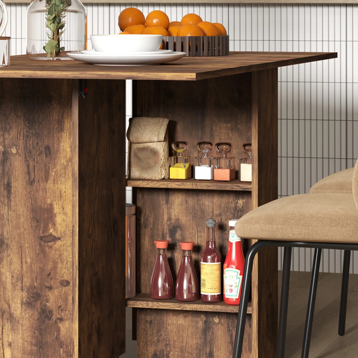 Extendable Dining Table, Collapsible w/ Shelves, Casters, Rustic Brown, Brown Dining Tables at Gallery Canada