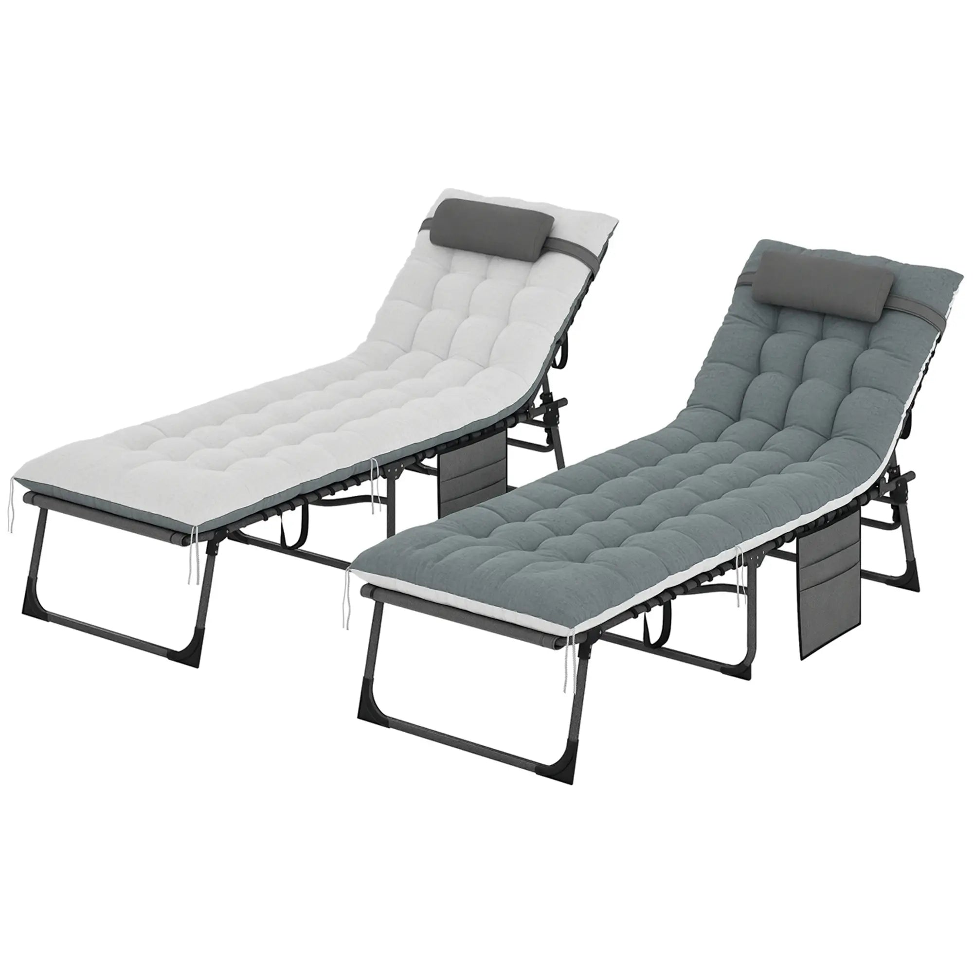 Folding Chaise Lounge Chair Set Of 2, With Cushion And Side Pocket, Grey Lounger Chairs at Gallery Canada
