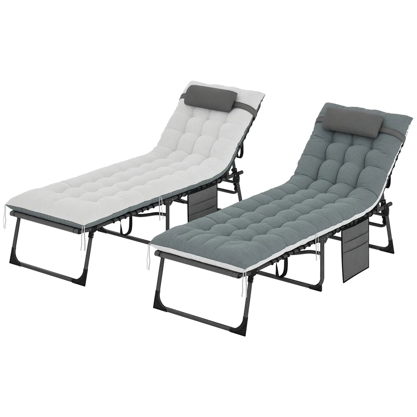 Folding Chaise Lounge Chair Set Of 2, With Cushion And Side Pocket, Grey Lounger Chairs at Gallery Canada