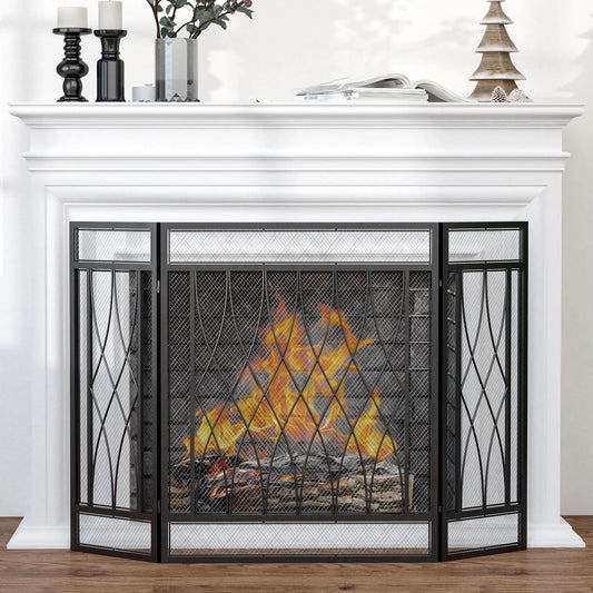 3-Panel Metal Mesh Fireplace Screen, 49.5" x 31.5", Black Fireplace Screens Black at Gallery Canada