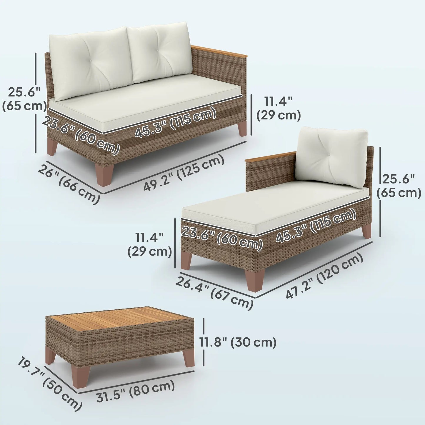 3 Piece L-Shaped Patio Furniture Set, Wood Top Coffee Table, Cream Patio Furniture Sets at Gallery Canada