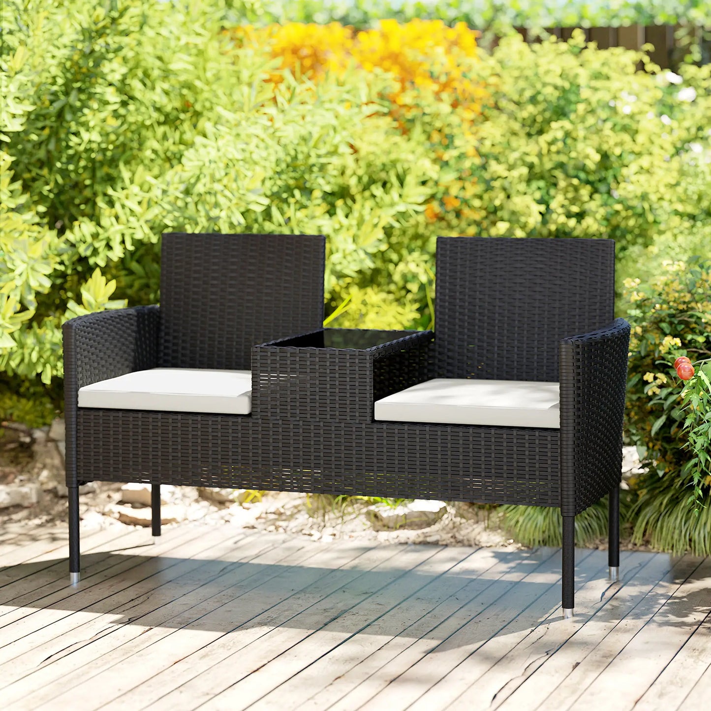 PE Rattan Loveseat with Cushion, Mid-Table, Cream White Patio Chairs at Gallery Canada
