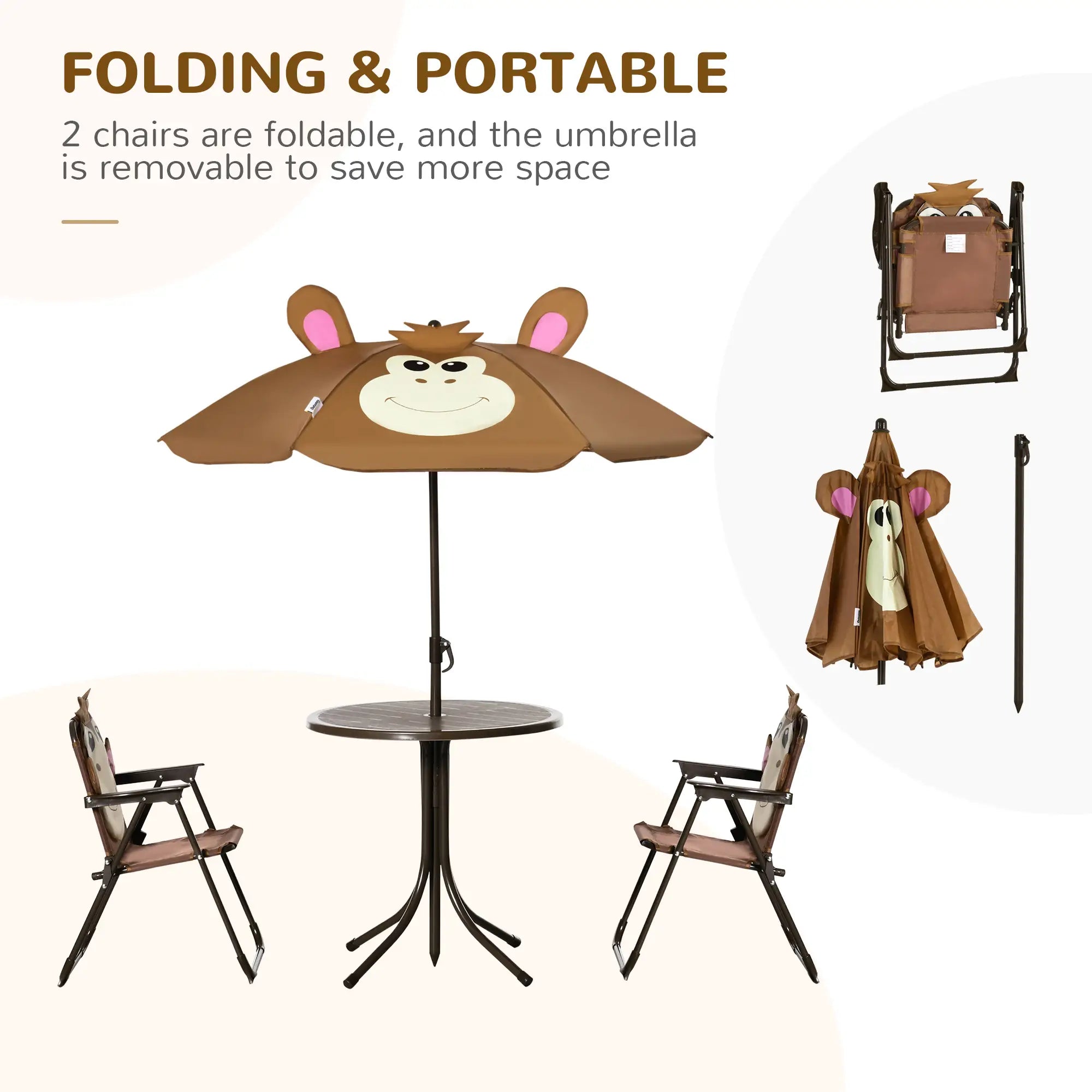 Kids Folding Picnic Table Chair Set with Adjustable Umbrella, Brown Kids Outdoor Furniture at Gallery Canada