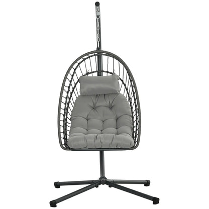 Hanging Egg Chair With Stand, Foldable Wicker Rattan Swing, Light Grey Patio Swings with Stand Light Grey at Gallery Canada