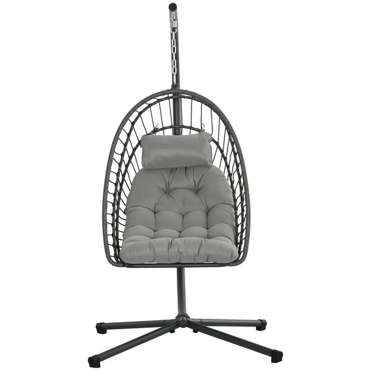 Hanging Egg Chair With Stand, Foldable Wicker Rattan Swing, Light Grey Patio Swings with Stand Light Grey at Gallery Canada