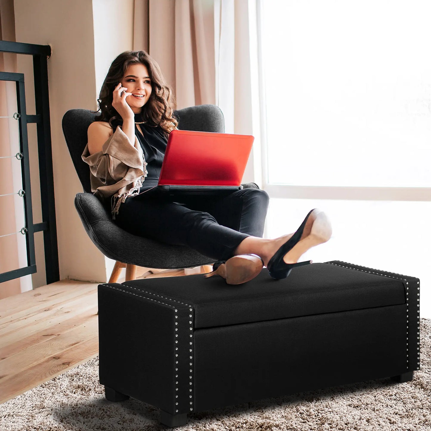 Flip Top Storage Bench, Upholstered Ottoman, 48L, Dark Grey Storage Ottomans & Benches at Gallery Canada