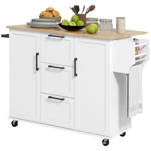 Rolling Kitchen Cart, Drop Leaf, 3 Drawers, Solid Wood Top, Towel Rack, White