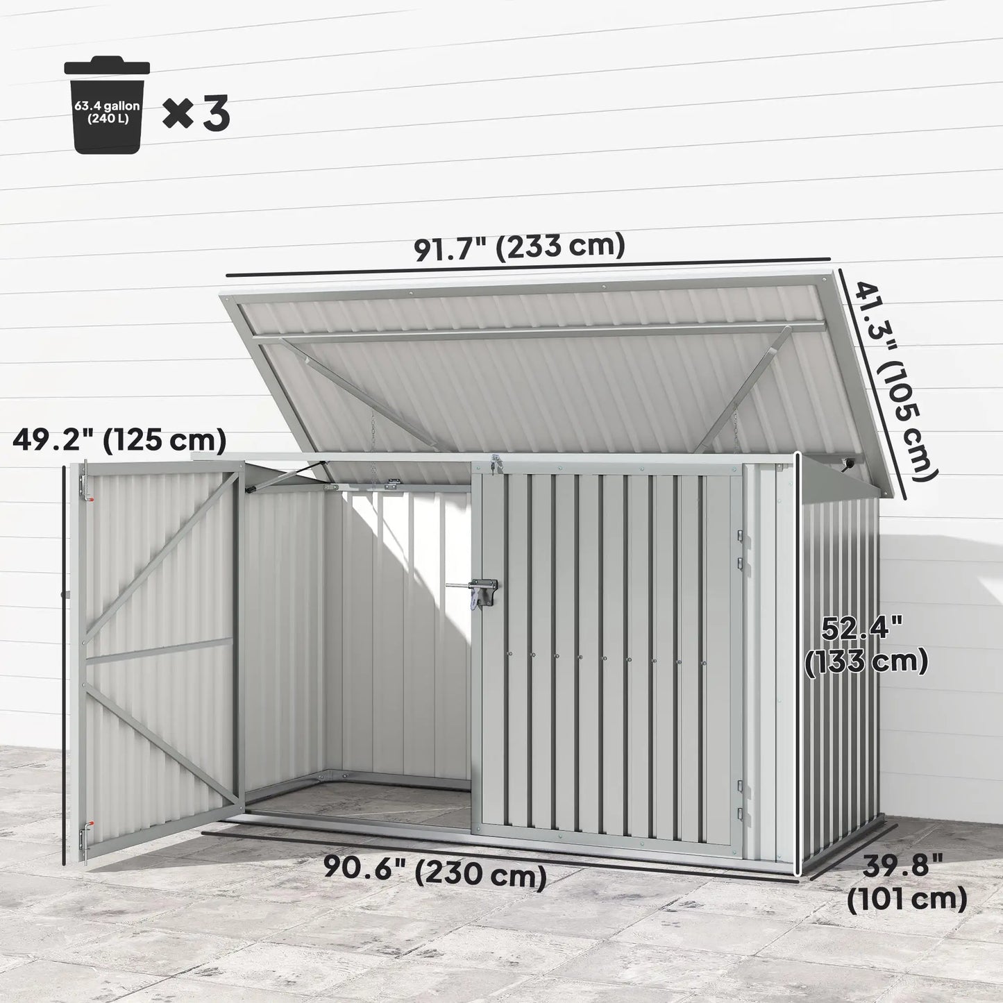 7.6 x 3.4ft Storage Shed, 3 Bin Organizer, Lockable Doors, Silver Grey