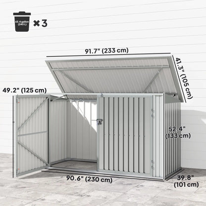 7.6 x 3.4ft Storage Shed, 3 Bin Organizer, Lockable Doors, Silver Grey