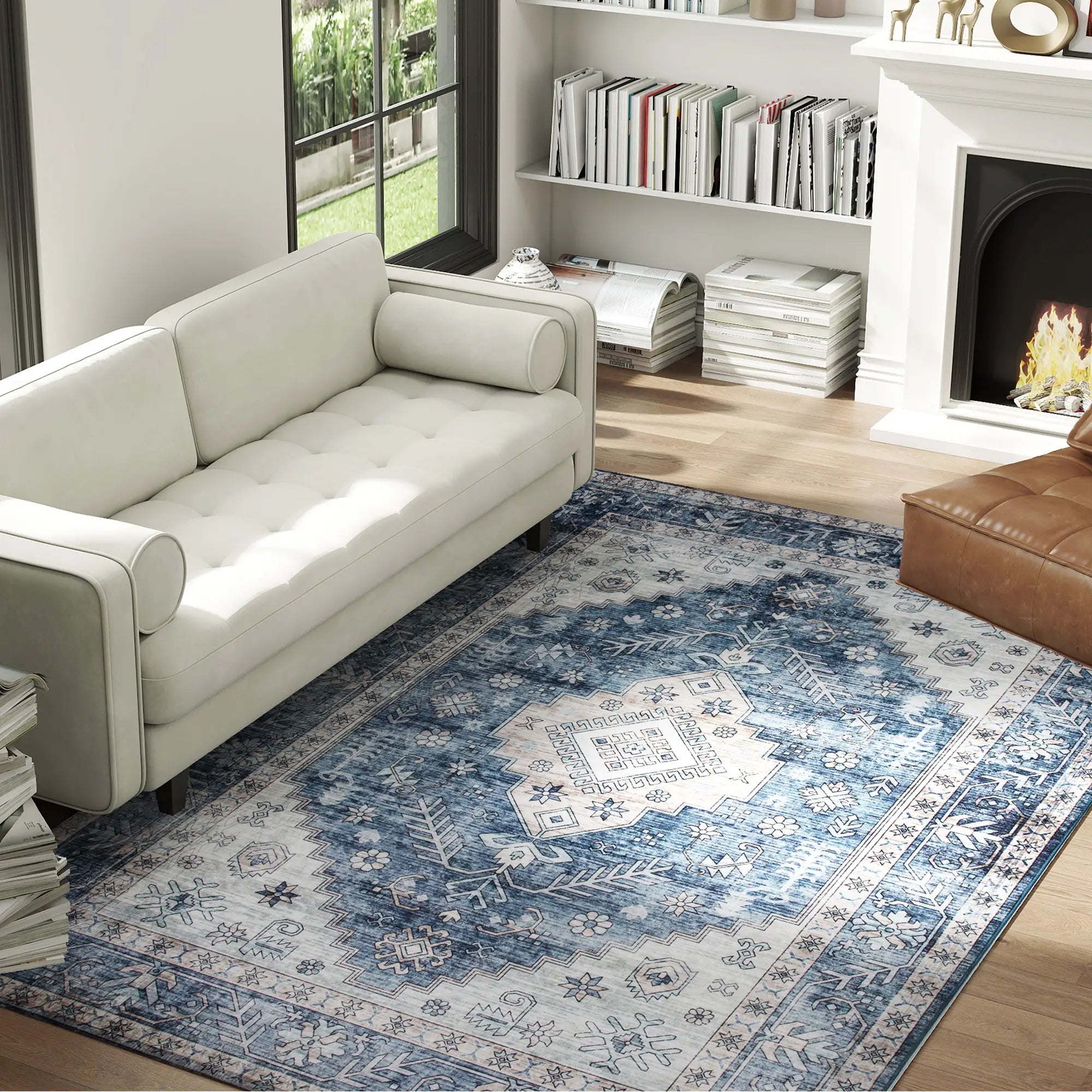 5x7 Area Rug, Vintage Washable, Non-Slip, Living Room, Bedroom, Blue Living Room Furniture at Gallery Canada