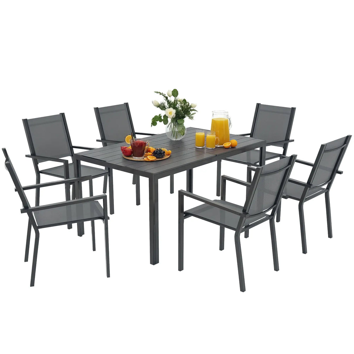 7-Piece Outdoor Dining Set, 6 Stackable Chairs, Rectangle Table, WPC Top