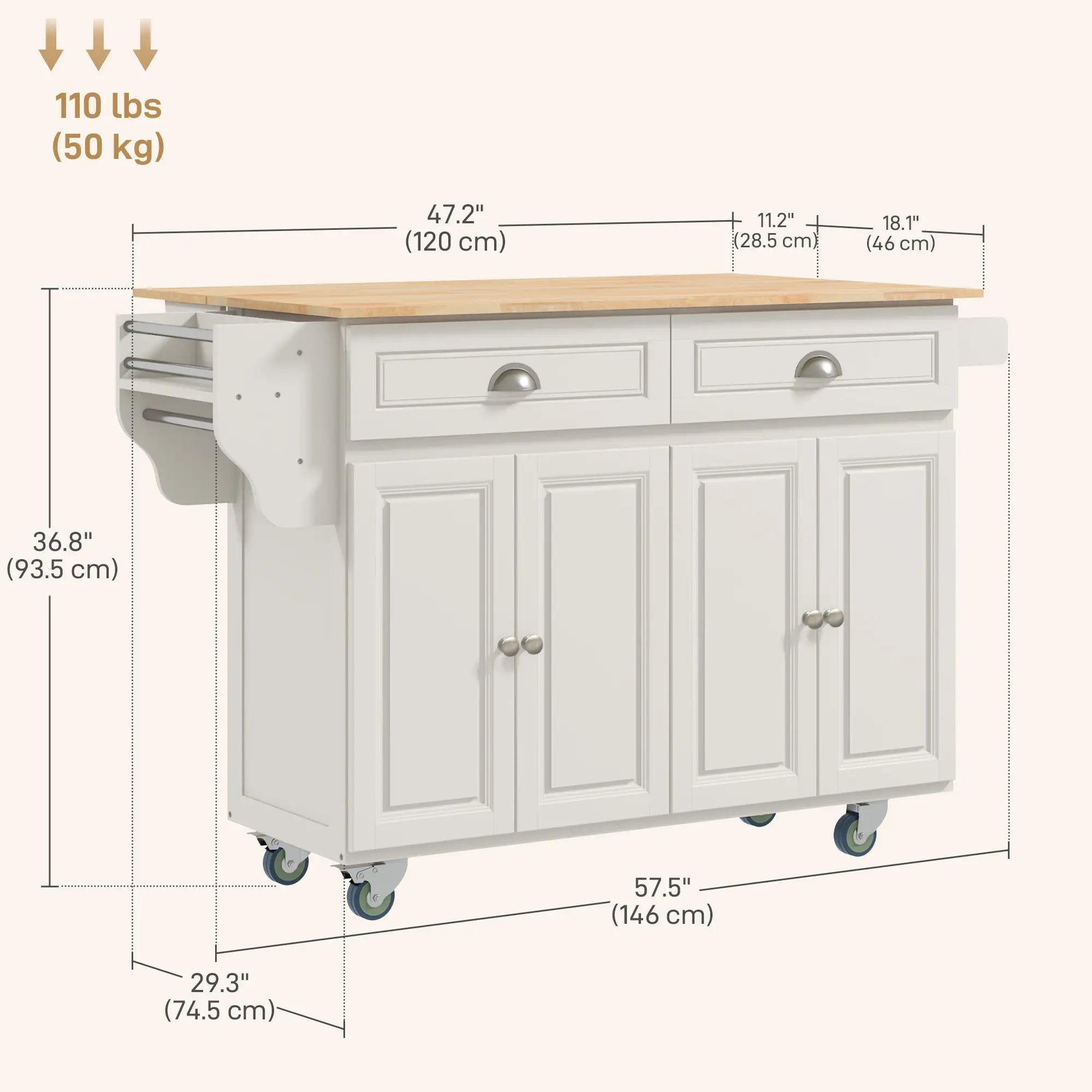 Kitchen Island with Storage, Drop Leaf, Rubber Wood Top, Cream White Kitchen Islands & Kitchen Carts at Gallery Canada