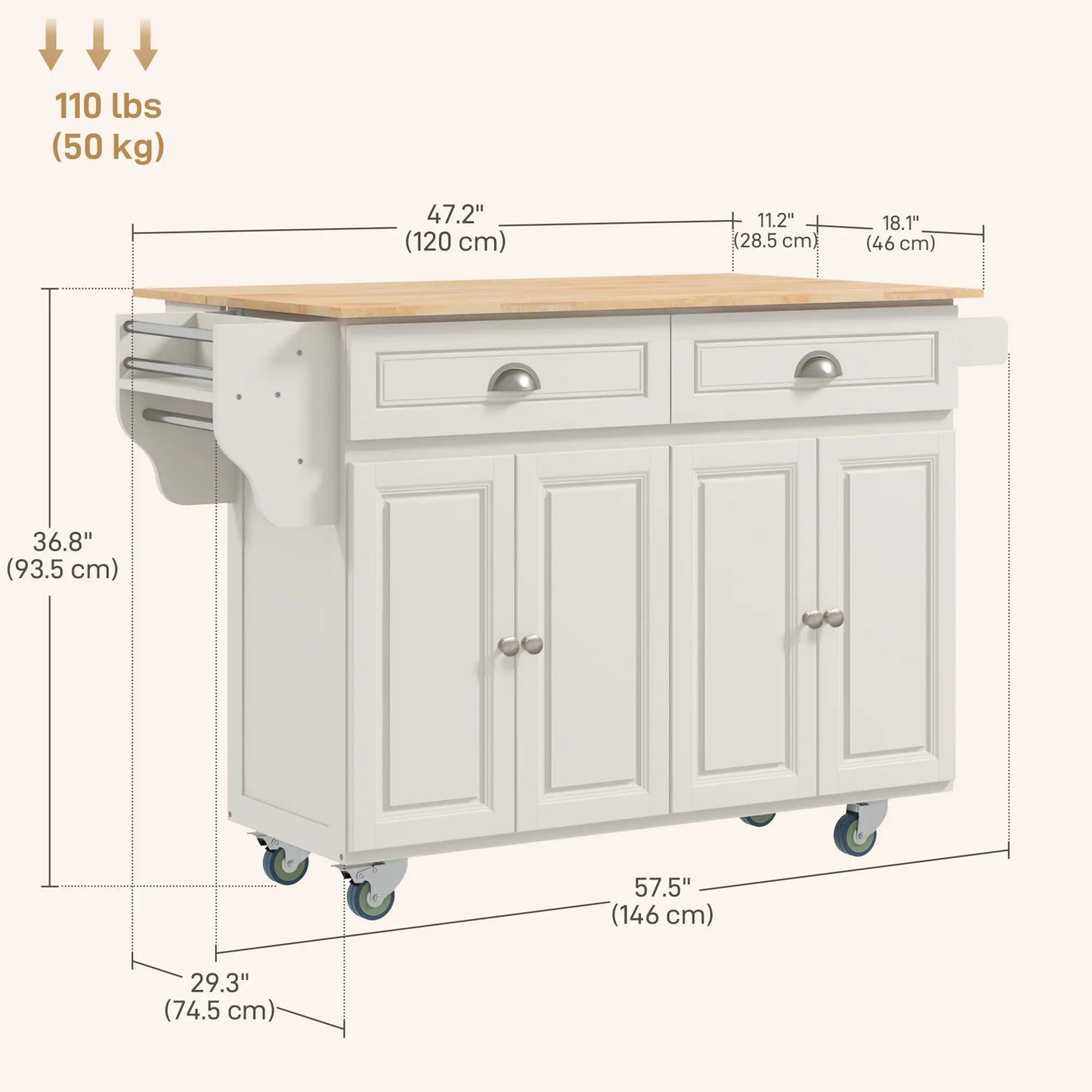 Kitchen Island with Storage, Drop Leaf, Rubber Wood Top, Cream White Kitchen Islands & Kitchen Carts at Gallery Canada