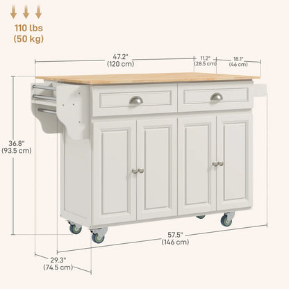 Kitchen Island with Storage, Drop Leaf, Rubber Wood Top, Cream White Kitchen Islands & Kitchen Carts at Gallery Canada