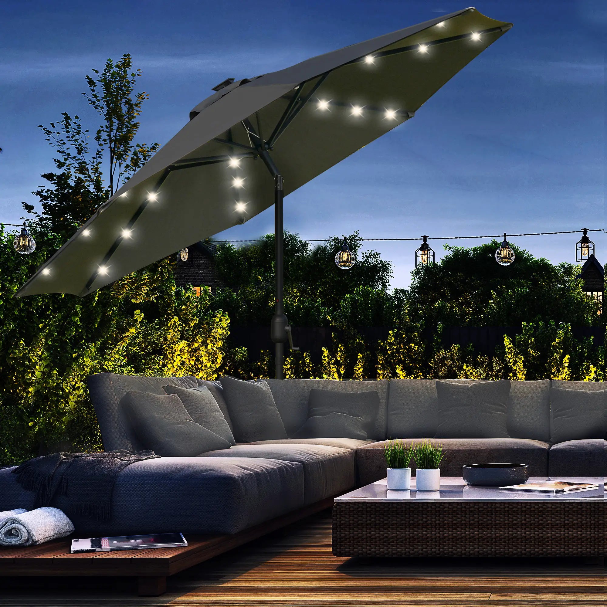 9ft Solar Patio Umbrella, 24 LED Lights, Tilt Canopy, Charcoal Grey Sun Umbrellas at Gallery Canada