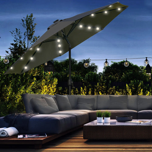 9ft Solar Patio Umbrella, 24 LED Lights, Tilt Canopy, Charcoal Grey