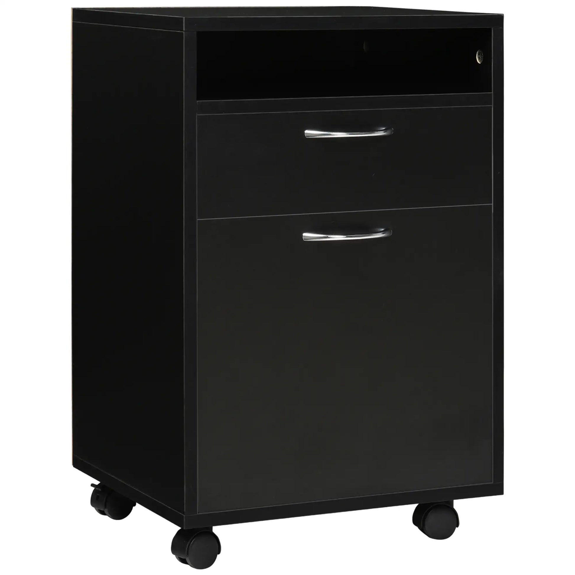 24" Small Filing Cabinet, Open Compartment, Drawer, Wheels, Black Office Cabinets & Cupboards Black at Gallery Canada