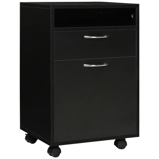 24" Small Filing Cabinet, Open Compartment, Drawer, Wheels, Black Office Cabinets & Cupboards Black at Gallery Canada