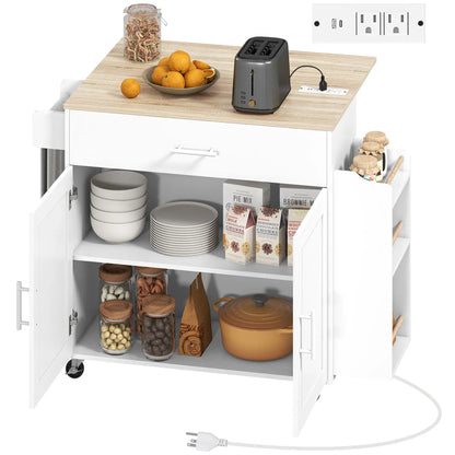 Kitchen Island with Storage, Rolling Cart, Foldable Drop Leaf, Power Outlet, USB Ports, White Kitchen Islands & Kitchen Carts at Gallery Canada