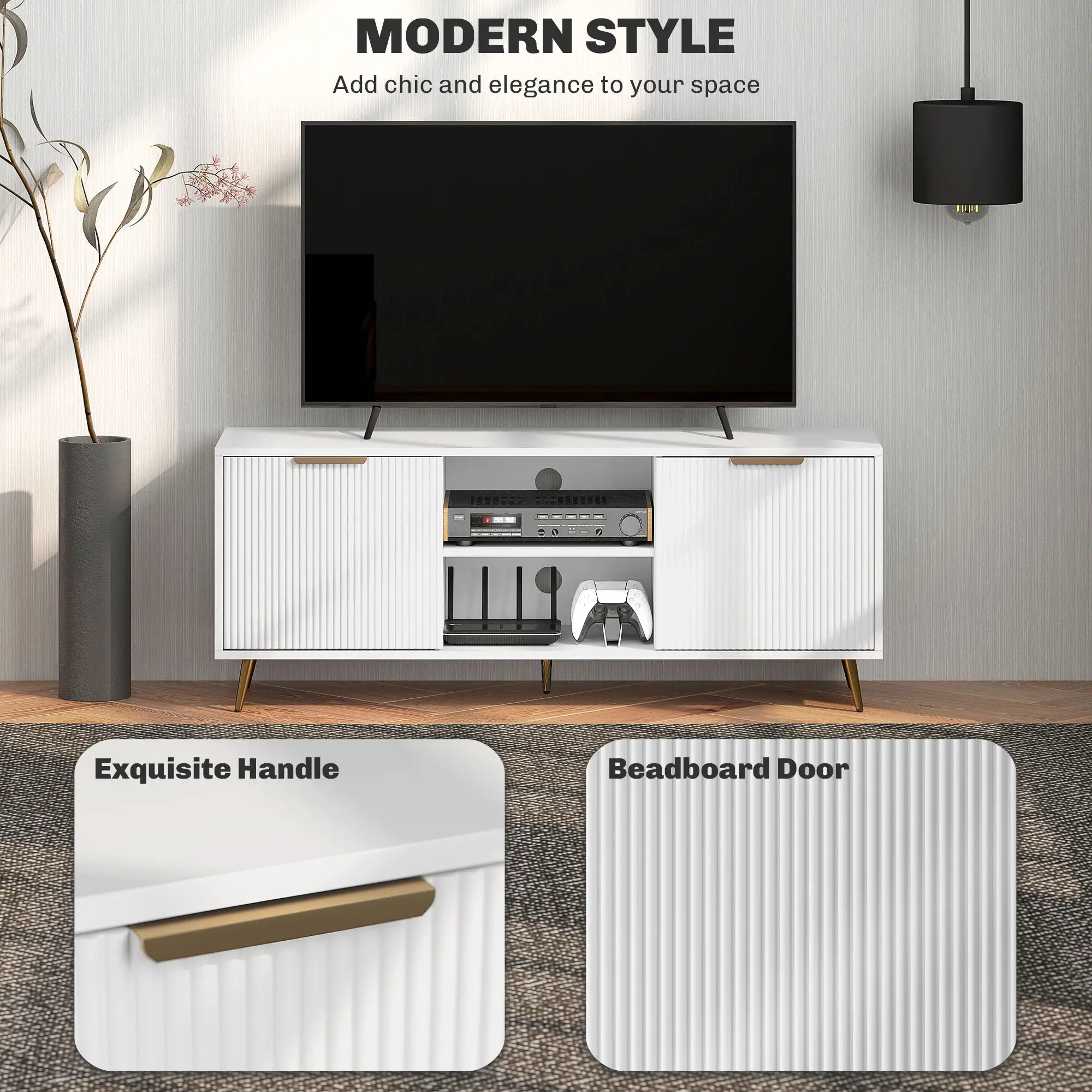 TV Stand for 55 Inch TV, Modern Cabinet with 2 Shelves, 2 Cabinets, White TV Stands at Gallery Canada
