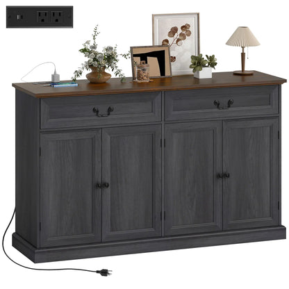 55" Buffet Cabinet, Black Wood Grain, Charging Station, 2 Drawers, Black