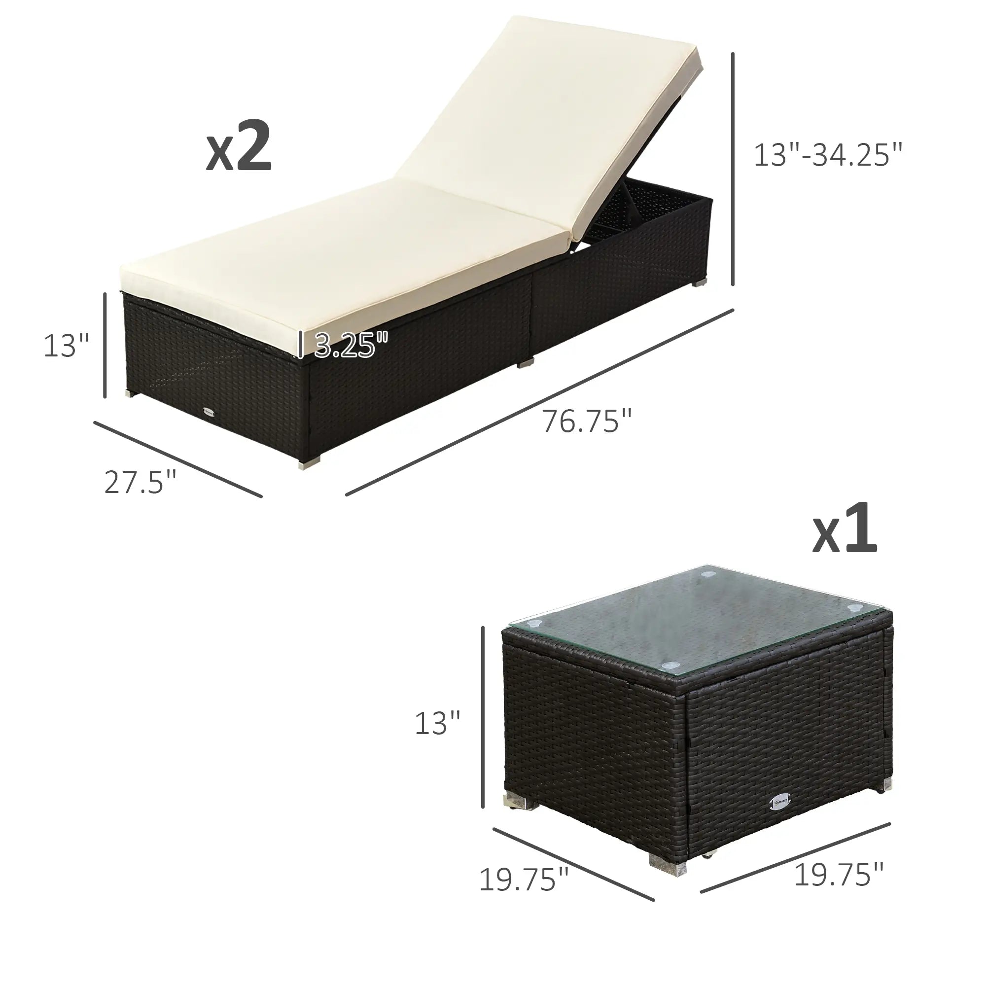 3pc Rattan Lounge Chair Set, Side Table, Outdoor Patio, Cushion Chaise Loungers at Gallery Canada
