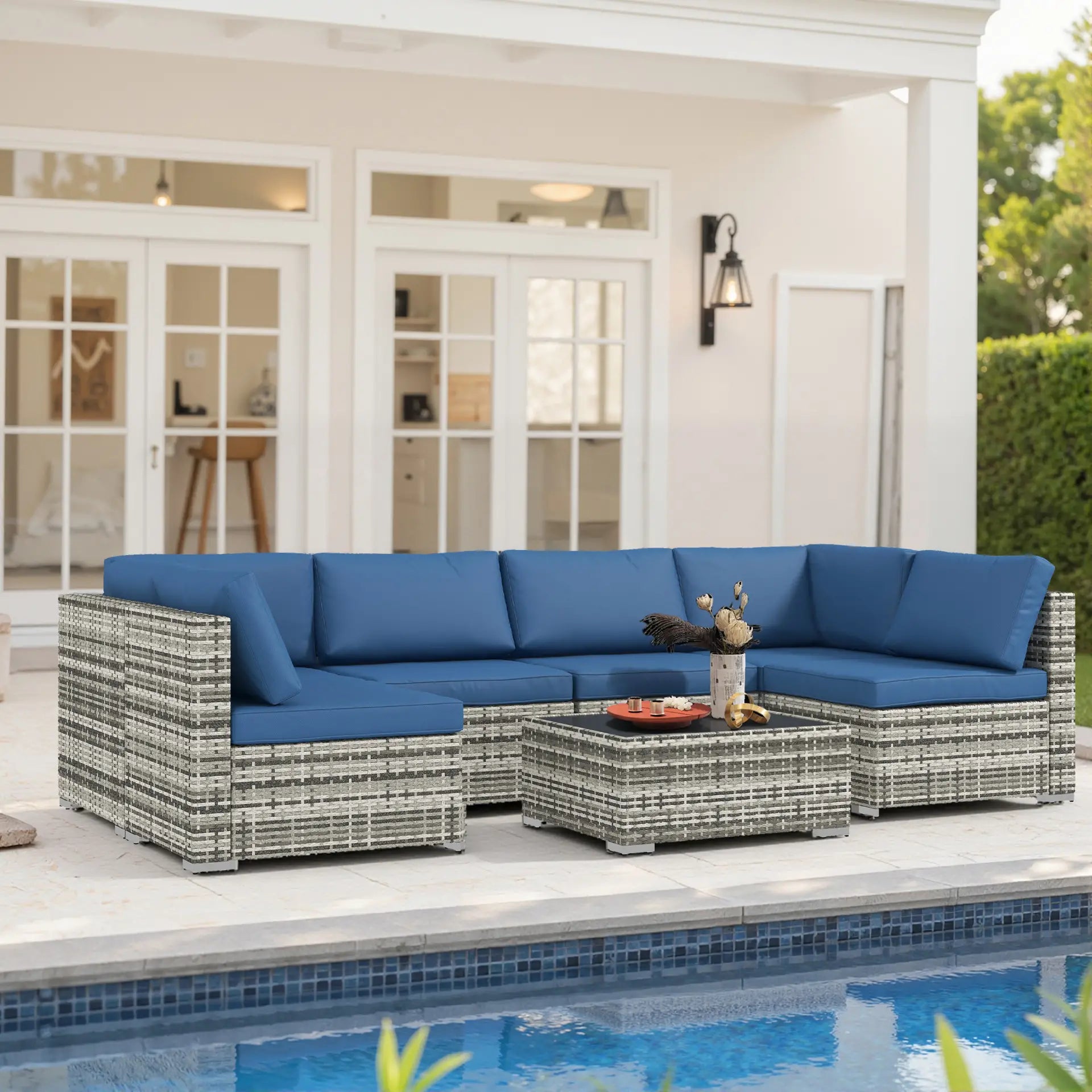 7pc Wicker Sectional Set, Tea Table, Rattan Sofa, Outdoor Furniture, Blue Patio Furniture Sets at Gallery Canada