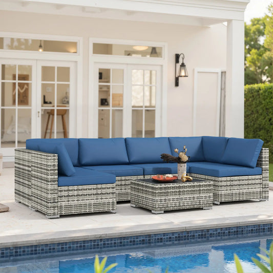 7pc Wicker Sectional Set, Tea Table, Rattan Sofa, Outdoor Furniture, Blue Patio Furniture Sets Grey Rattan, Blue Fabric at Gallery Canada