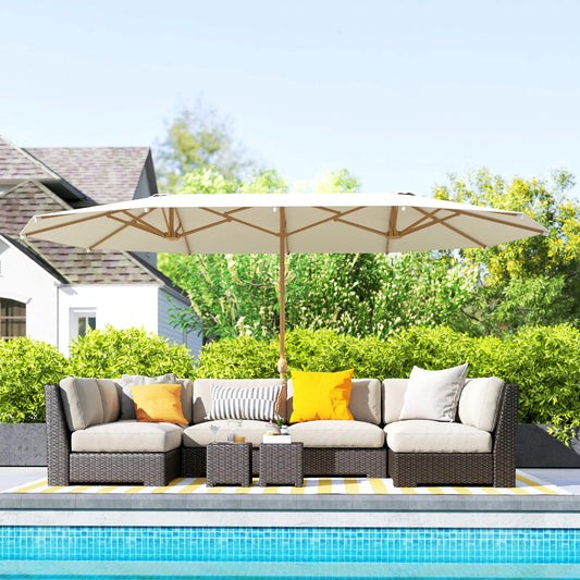 Double Garden Parasol, 179.1"W x 104.3"D, Crank, Steel Ribs, UV30+, Beige Double-sided Umbrellas Beige at Gallery Canada