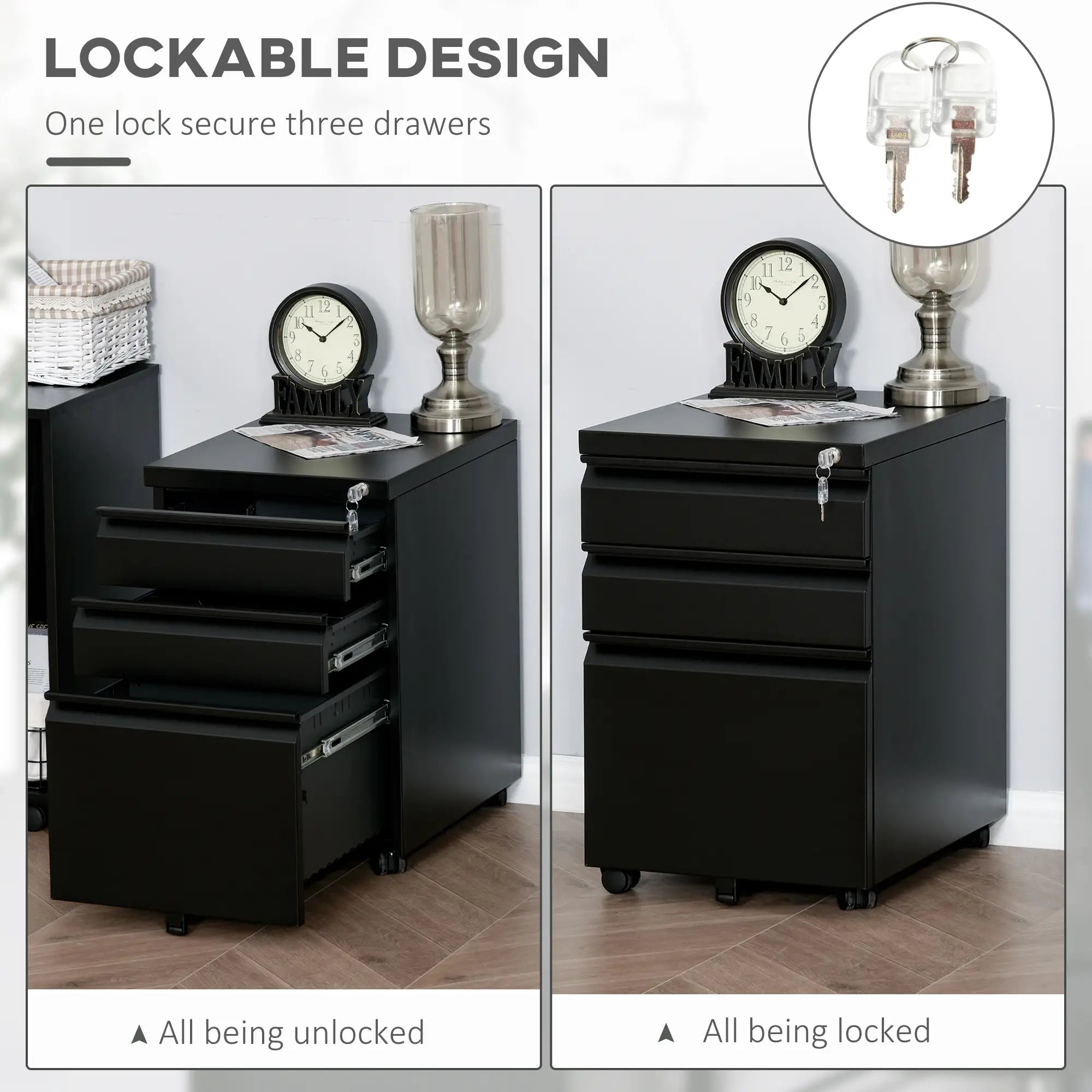3 Drawer Lockable Filing Cabinet on Wheels, Legal Letter A4, Black Office Cabinets & Cupboards at Gallery Canada